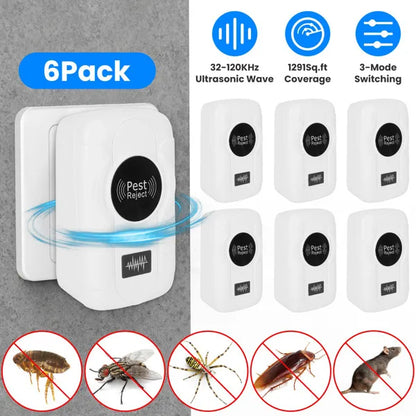 6-Pack Ultrasonic Insect Repellent - Dual Sound-Wave Tech, 3-Mode Switch, 32 - 120kHz Frequencies, Ideal For Full Home Coverage, Safe For Home With Kids - Plug-in Indoor Bug & Rodent Repeller
